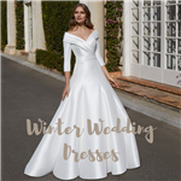 Thumbnail photo of model wearing Ronald Joyce style 69553, a plain Mikado ballgown winter wedding dress with a lapel-neckline and ¾ sleeves 